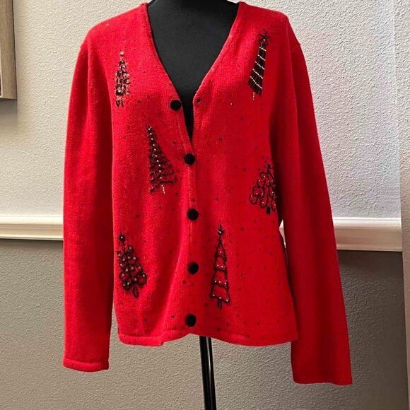 Studio Joy Women's Vintage  Button Down Red Christmas Sweater Size L - Picture 3 of 11